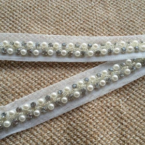 Beaded Trim, Ivory Pearl and Rhinestone Lace, Luxury Lace Chain, Bridal Belt Trim, by 1 yard