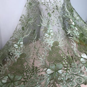 Green Gold Lace, Floral Embroidered Bridal Gown Lace Fabric, Dress Lace, Houte couture, Costume design