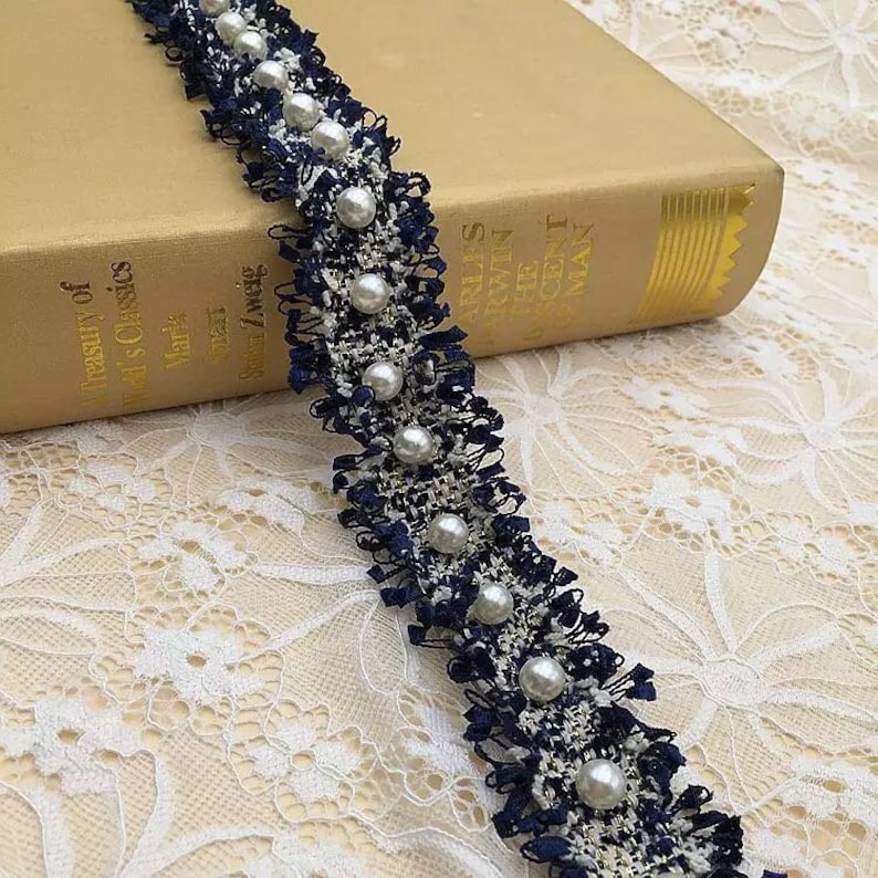 Chic Webbing Pärlor Pärlspetskant, Kungligt blå pärlspets, Krämfärgad bröllopsskärp Bälte, Millinery kant, Heminredningskant, 1 kubikmeter Royal Blue