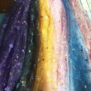3D Floral embroidery Sequined tulle lace fabric, plum bossom Floral lace fabric For Garden dress, Spring dress, Flower Girl, By 1 yard