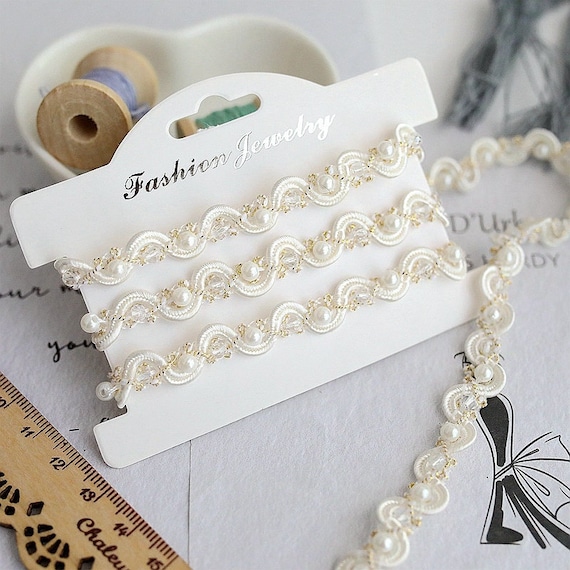 Delicate Acrylic Beads + Faux Pearls trim, Gold thread Bridal Trim, Pearl Beading Trim, 9 mm width, By 1 yard