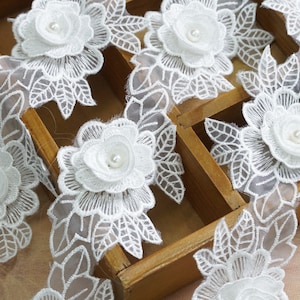 Off white beaded flower lace trim for wedding gown doll dress embellished bridal accessories