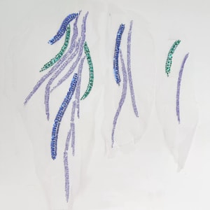 May include: A white sheer fabric panel featuring three distinct sections of intricate embroidery and beadwork. The design consists of curved, flowing lines in shades of royal blue, light purple, and emerald green, created with small sequins.