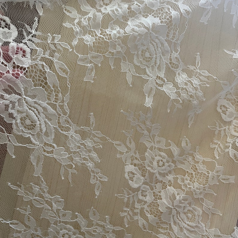 Soft Chantilly Eyelash rose floral lace Fabric In Off white / Black, Airy Flower LACE for Wedding bridal fabric, Boho Dress, by 1 yard image 7
