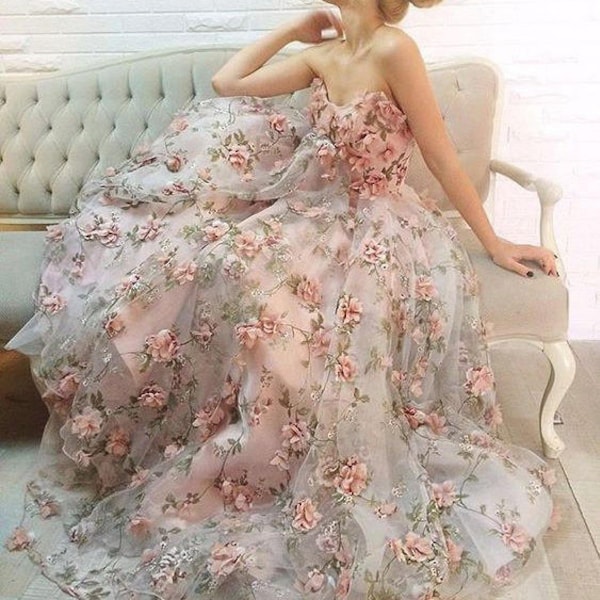 Tissu en dentelle florale 3D, tissu en organza avec rosace 3D, tissu en mousseline de soie à fleurs roses, tissu pour robe de mariée, par 1 mètre