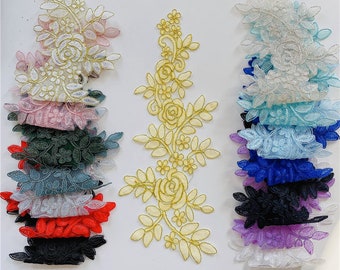Lace Applique in Red, Embroidery Alencon cord applique, Bodice lace applique for Bridal, Headbands, Sashes, Costume Design, 1 pair