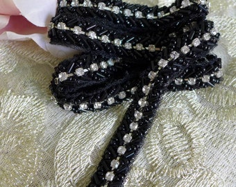 Rhinestone Beaded Trim Applique in Black 0.5" width for Wedding sash, Bridal belt, Headbands, Straps, Crafting, by 1 yard