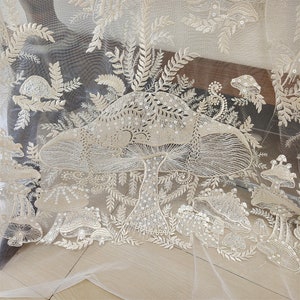 Mushroom Embroidery lace Fabric in Champagne, Forest Style Sequined lace fabric for Wedding gowns, Party Dress, Prom, Summer Dress, 1 yard