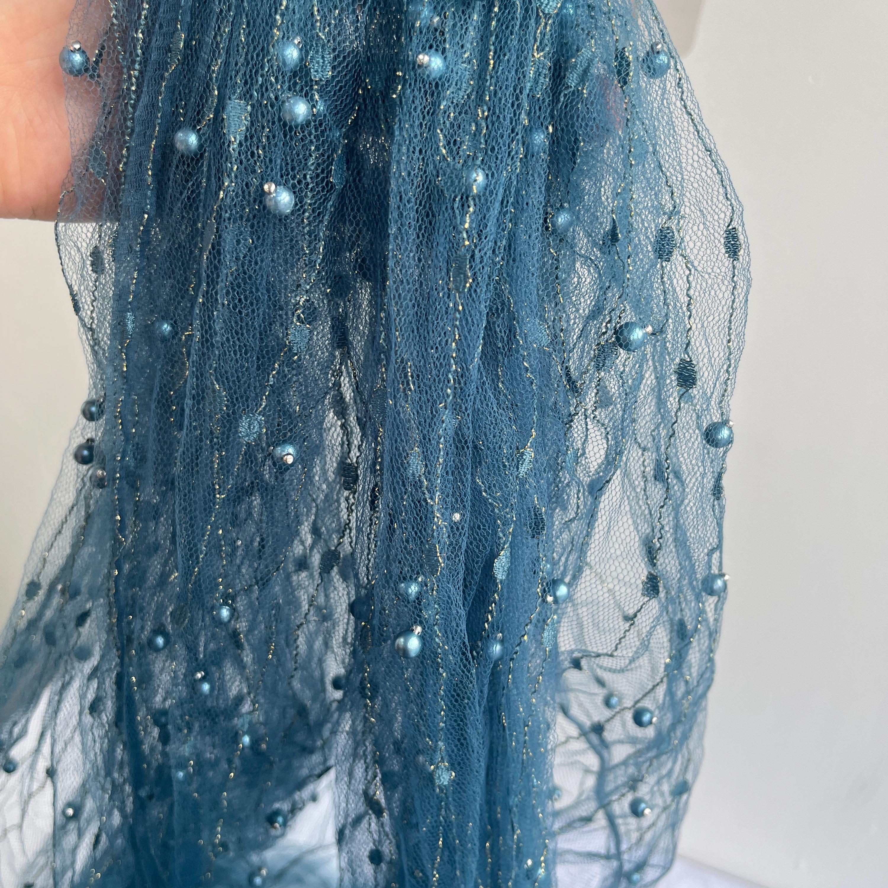 Raindrop Dots Tulle Lace Fabric in Cyan, Soft Gold Thread Pearl