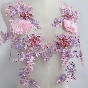 Deluxe Lace Applique, 3D Flower Embroidery Applique, Heavily Beaded Sequins Lace Applique With Rhinestone, Wedding Dress Accessory, 1 Pair