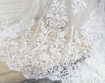 Ivory Alencon Flowers Applique tulle lace fabric, for Prom, Evening gown, Bridal, Wedding Dress, Houte Couture, By 1 yard