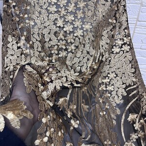 Gold Embroidery lace fabric, Vintage Black Tulle Lace, French Lace floral scallop edge, Bridal Wedding Lace, By 1 Yard image 6