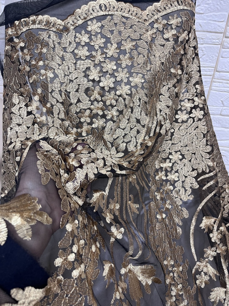 Gold Embroidery lace fabric, Vintage Black Tulle Lace, French Lace floral scallop edge, Bridal Wedding Lace, By 1 Yard image 6