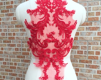 RED Applique, Large Lace Applique, Back Applique Trim, Red Venice Lace Applique, By  1 pcs