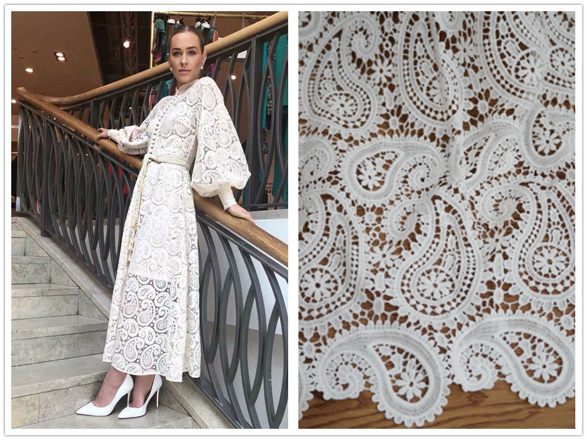 Vintage Paisley Lace Fabric in off White, Crochet Milk Silk Lace