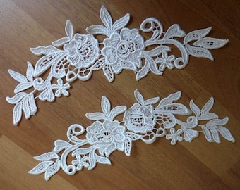 Wedding Lace Appliqué Pair in Off white, Venice Appliqués Bridal Sashes Lace Applique, 1 pair