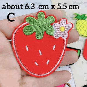 May include: Embroidered strawberry patch, approximately 2.5 inches by 2.2 inches, with a red body, green leaves, and a white and yellow flower. The letter "C" is visible in the image.