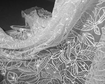 Ivory Leaf Petal Branch Embroidery Bridal lace, Premium sequined Venice lace fabric For Wedding gown, engagement, Rehearsal, 1 yard