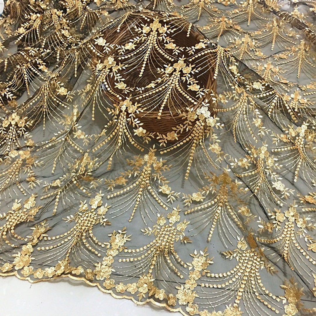 slim fit dress slacks Gold Floral Lace Fabric 95325 – Fabrics4Fashion main image 0