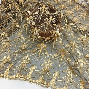 Gold Lace Fabric, champagne bridal lace, Gold Floral Embroidery on Black mesh, 50“ wide lace, ”Gold Fabric by 1 yard