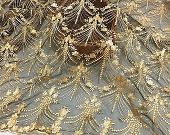 Gold Lace Fabric, champagne bridal lace, Gold Floral Embroidery on Black mesh, 50“ wide lace, ”Gold Fabric by 1 yard