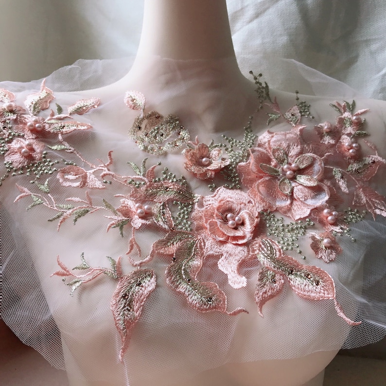 3D Flower Pearls Beaded Embroidery Lace Applique for DIY Bridal Dress Sew Crafts