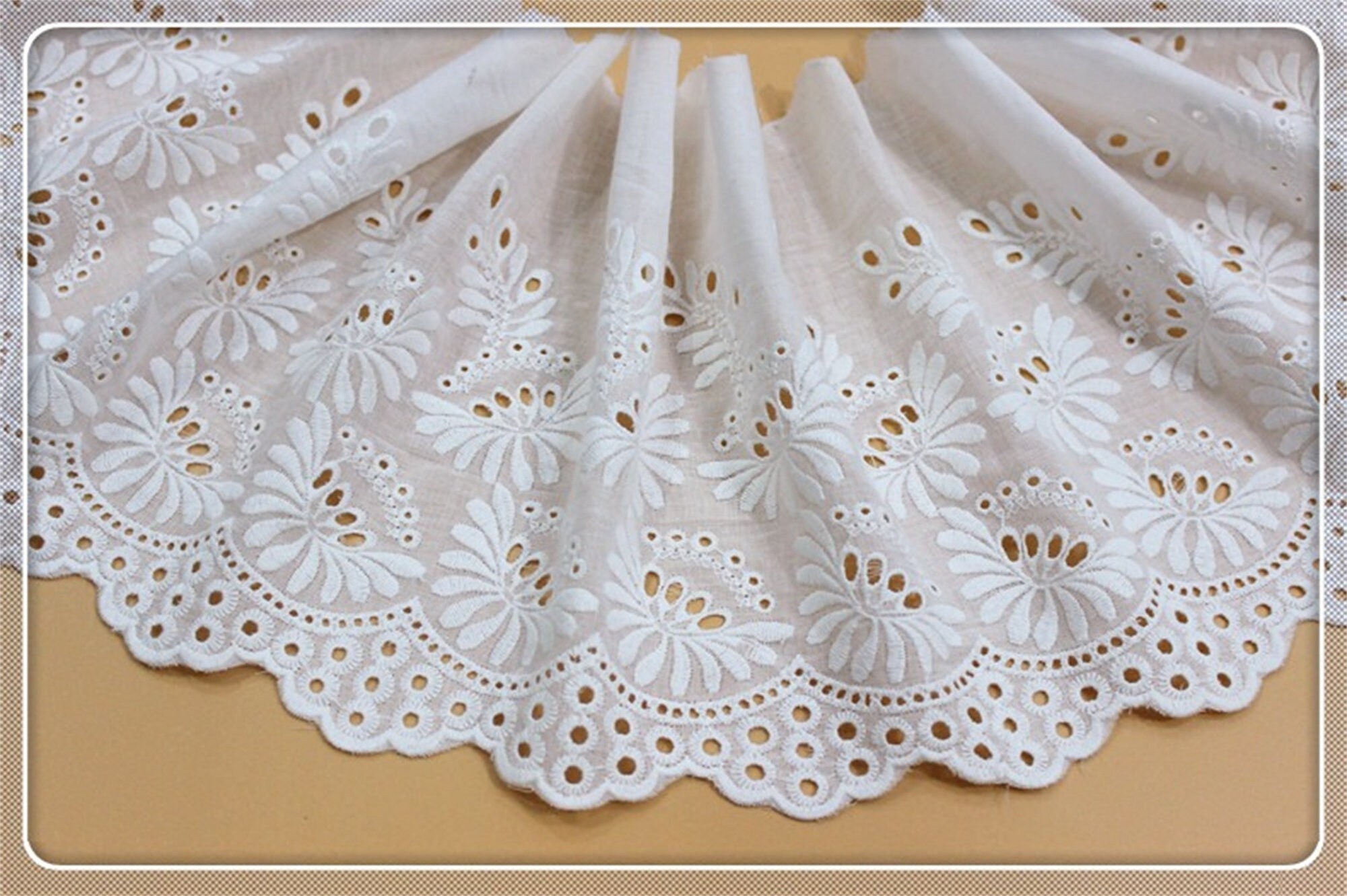 Flowers Cotton Embroidery Eyelets Lace Trim, Chrysanthemum Scallop Border trim for Dress Hem, Toddle Smock, Sewing Kitchen Curtain, 1 Yard