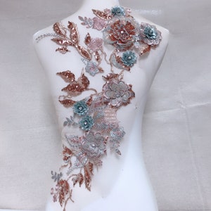 Wired & Sequined Lace Applique, Copper And Aqua 3D beaded Bodice Applique Lace For Dancing Costume, Prom Dress, Evening Dress, 1 pcs