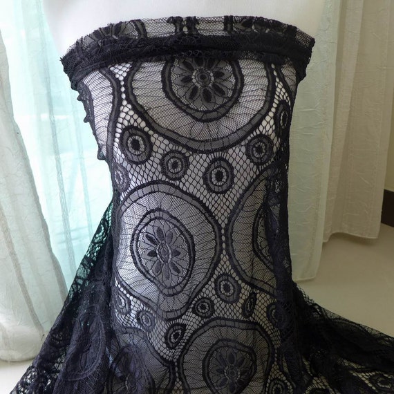 Stretch Lace Fabric, Black Medallion Pattern Fabric, Black Elastic Fabric for Tops, Lingerie, Costumes, By 1 Yard
