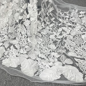 Premium Embroidery Large Floral Wedding Lace in Off white, Big Venice leaf tulle fabric For Formal Dress, Stage Gown, Haute couture, 1 yard