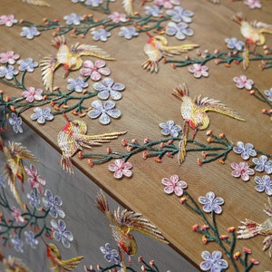 Embroidery Multi colors Birds Lace, Embroidered Plum Floral Fabric For Evening Gown, Haute couture, Quince Ball Gowns, Cheongsam