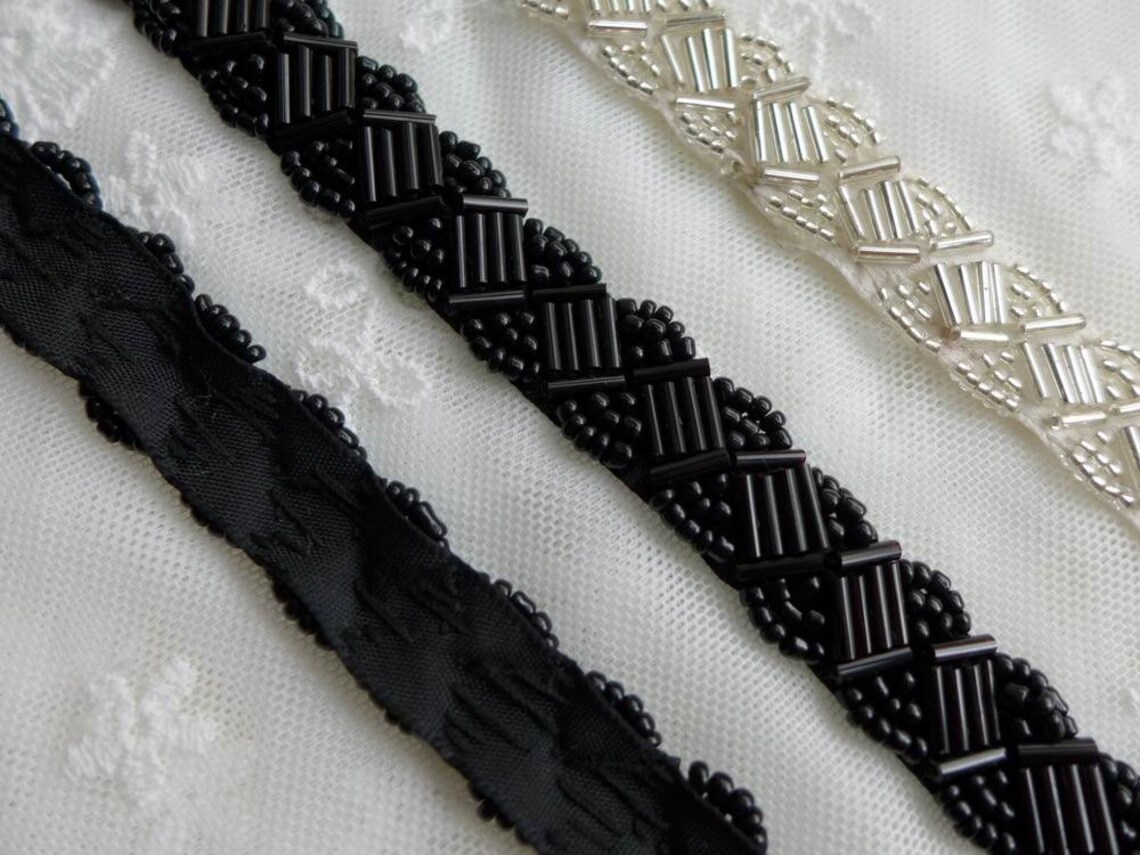 2 Color Beaded Trim Black Beaded Lace Silver Beaded Trim Etsy