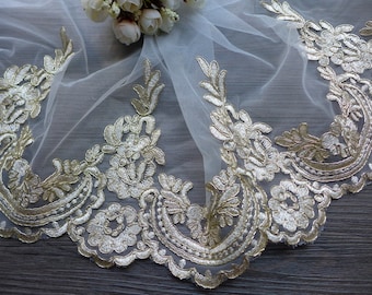Gold Alencon Lace, Vintage Scalloped Trim Lace, Wedding Veils Edge Lace, Bridal Veil Supply lace trim, By 1 yard