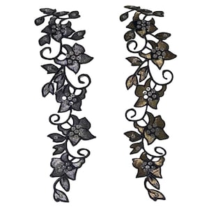 Venice Leaf Embroidery Sequined Lace Applique, Long leave Trim, Sewing Vine Patches for Costumes, Bodice, Collar, Sash Belt, 1 piece