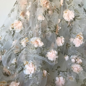 3D flower chiffon fabric, organza lace fabric with 3D rosette, bridal dress fabric, by 1 Yard