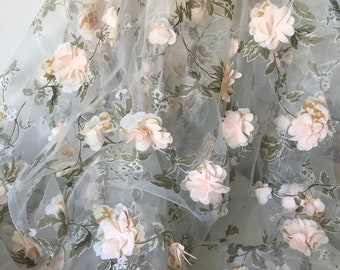 3D flower chiffon fabric, organza lace fabric with 3D rosette, bridal dress fabric, by 1 Yard