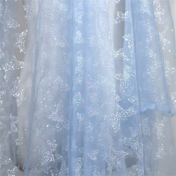 Print Butterfly Glitter Tulle lace fabric, Glittered Butterfly in Light Blue Mesh For Princess Gown, Prom, Cosplay Cape, Veil,By 1 yard