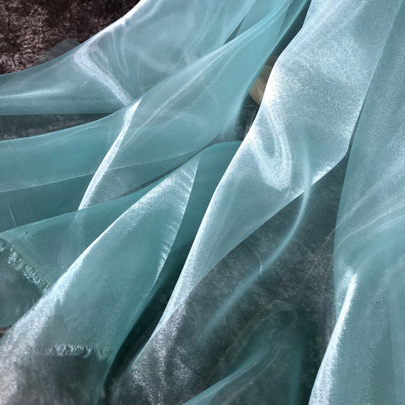 Aqua Shimmer Organza Lace Fabric, Gleam Sheer Fabric for Wedding