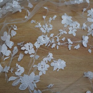 May include: White floral lace fabric with a delicate pattern of flowers and leaves. The lace is on a sheer mesh background.