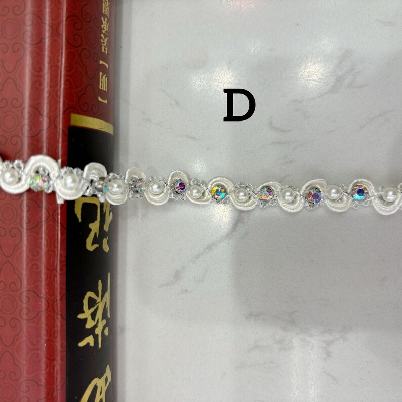 Delicate Acrylic Beads + Faux Pearls trim, Gold thread Bridal Trim, Pearl Beading Trim, 9 mm width, By 1 yard D