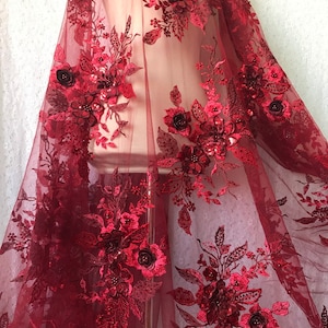 Lace Fabric 3D Flower Beaded Applique Bridal Lace Fabric in Dark Red ...