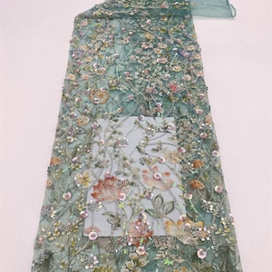 Preciosa tela de encaje con bordado de flores silvestres y cuentas, encaje de malla con pétalos de flores y lentejuelas para vestidos de gala, ceremonias, graduaciones y vestidos de novia, 1 yarda