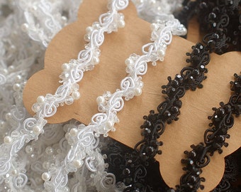 Narrow Acrylic Beaded Trim, Pearls Beads lace trim, Bridal Trim, BJD Doll Veil Accessories Beading Trim, Strap lace trim, by 1 yard
