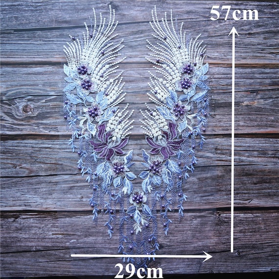 Toppe Ricamate In Pizzo Viola Per Abito Sposa - 35x14 Cm, Per Decorazioni E Cucito
