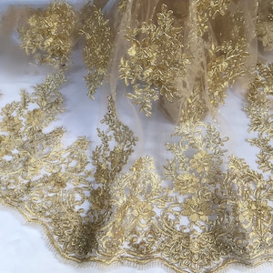 Gold Alencon Embroidered Tulle Fabric, Corded Lace Fabric, Evening Gowns Fabric, Wedding Dress Fabric, By 1 Yard