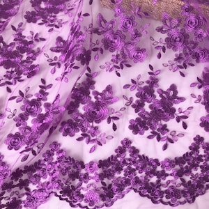 Purple lace, embroidery flower fabric, scalloped floral lace fabric, purple dress lace fabric, by 1 Yard