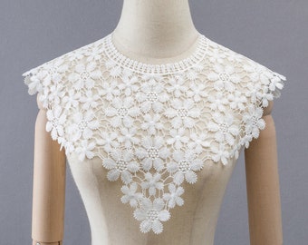 Venice Lace Collar Trim in Off White, Crochet Daisy floral Necklace, Broderie lace collar applique, Shawl Collar Bibs, par 1 pcs