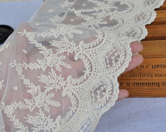 Cotton Tulle Lace Trims Beige Embroidery Lace Fabric for Floral, Sewing, Costume, Supplies, by 2 yards