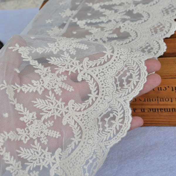 Bordure en dentelle de tulle de coton Tissu en dentelle brodée beige pour fleurs, couture, costume, fournitures, par 2 yards