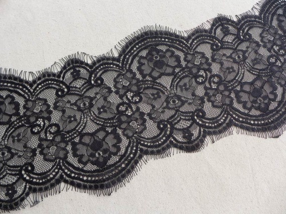 Black Lace Trim, Vintage Black Embroidery Lace Fabric Trim